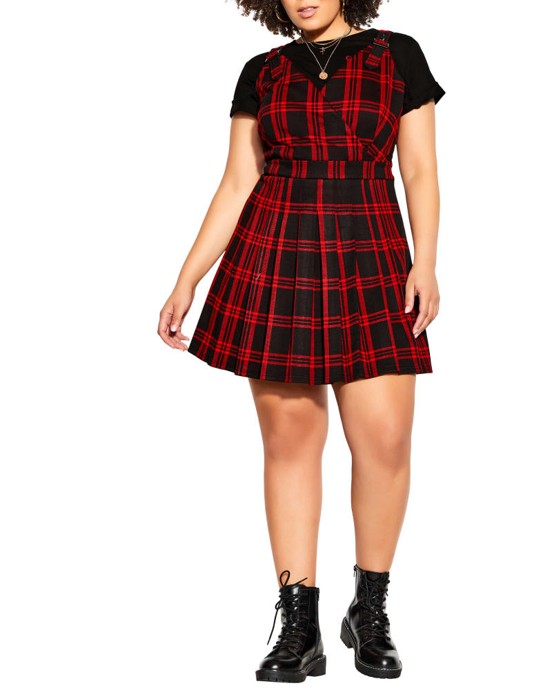 Front of a model wearing a size XXS DRESS PINAFORE CHECK in Red Check by CCX. | dia_product_style_image_id:252544